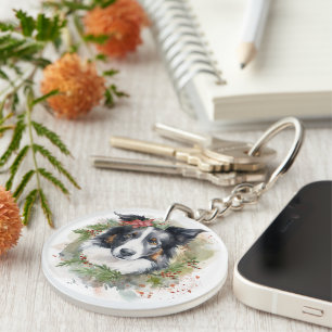 Border Collie Christmas Wreath Festive Pup Keychain
