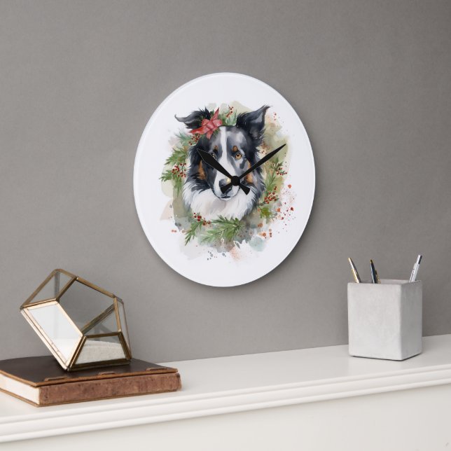 Border Collie Christmas Wreath Festive Pup  Large Clock (Office)