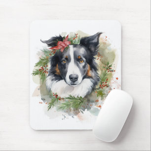 Border Collie Christmas Wreath Festive Pup Mouse Pad