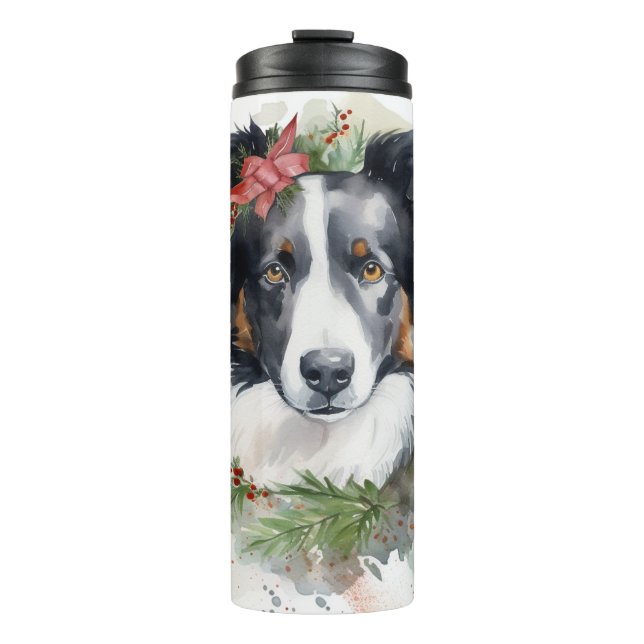 Border Collie Christmas Wreath Festive Pup  Thermal Tumbler (Front)