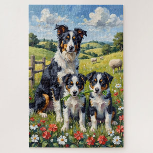Border Collie Clover Meadow Art Jigsaw Puzzle