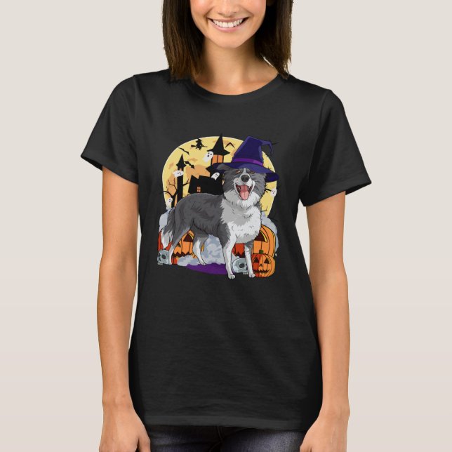 Border Collie Cute Dog Halloween Witch Pumpkin T-Shirt (Front)