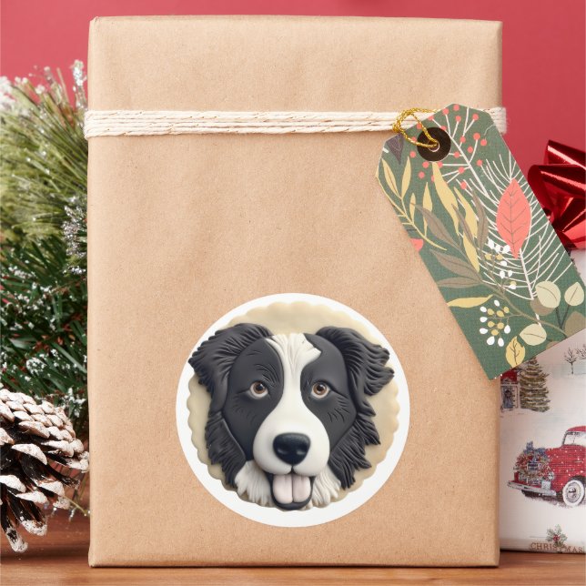 Border Collie Dog 3D Inspired  Classic Round Sticker (Holiday)