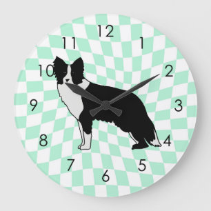 Border Collie Dog Abstract Illustration Chequered Large Clock
