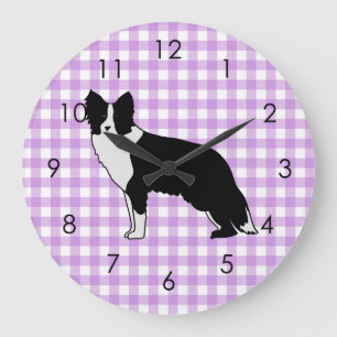 Border Collie Dog Abstract Illustration Gingham Large Clock