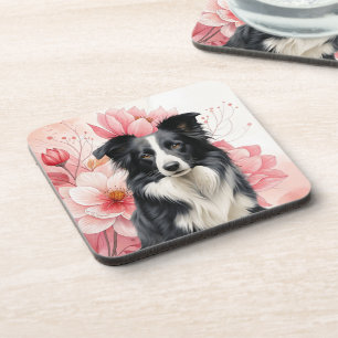 Border Collie Dog and Bold Pink Lilies Coaster