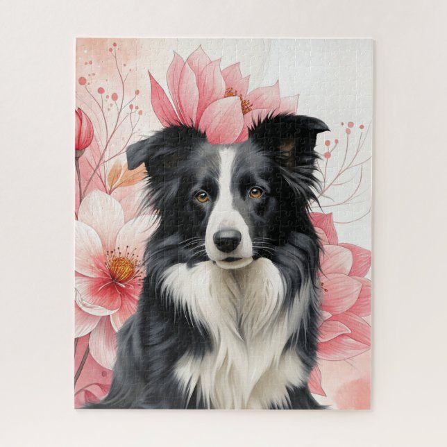 Border Collie Dog and Bold Pink Lilies Jigsaw Puzzle (Vertical)