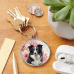 Border Collie Dog and Bold Pink Lilies Keychain<br><div class="desc">This keychain is a great gift or stocking stuffer and features a Border Collie sitting against a backdrop of big,  bold pink lilies in a botanical dog lover image.</div>
