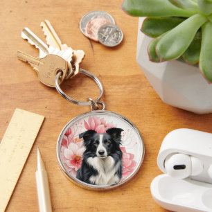 Border Collie Dog and Bold Pink Lilies Keychain