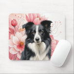 Border Collie Dog and Bold Pink Lilies Mouse Pad<br><div class="desc">Great gift idea for dog moms,  students,  office workers and dog lovers,  this great mouse pad features a Border Collie sitting against a backdrop of big,  bold pink lilies in a botanical dog lover image.</div>