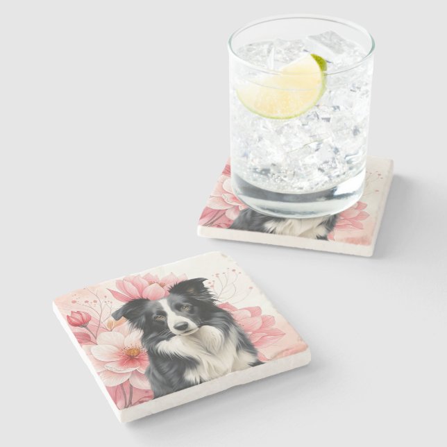 Border Collie Dog and Bold Pink Lilies Stone Coaster (Side)