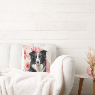Border Collie Dog and Bold Pink Lilies Throw Pillow