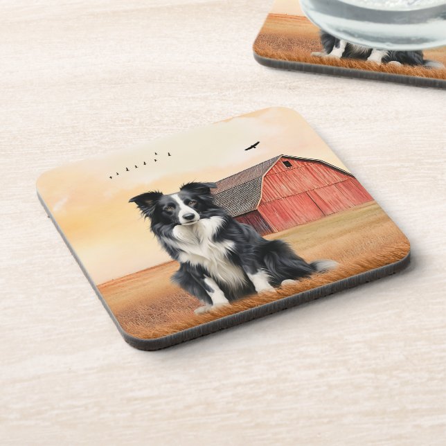 Border Collie Dog and Red Barn Ranch Coaster (Left Side)