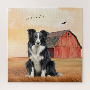 Border Collie Dog and Red Barn Ranch Jigsaw Puzzle
