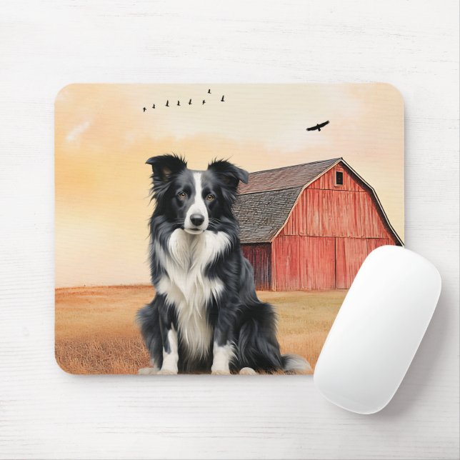 Border Collie Dog and Red Barn Ranch Mouse Pad (With Mouse)