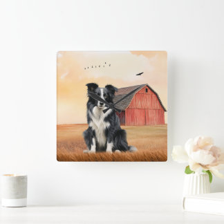 Border Collie Dog and Red Barn Ranch Square Wall Clock