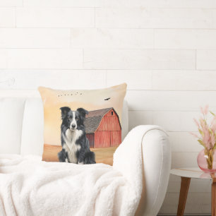 Border Collie Dog and Red Barn Ranch Throw Pillow