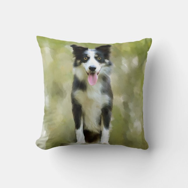 Border Collie Dog Art Portrait Throw Pillow (Front)