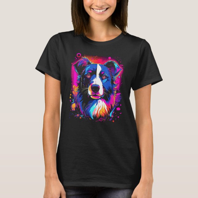 Border Collie Dog Australian Shepherd 80s Retrowav T-Shirt (Front)