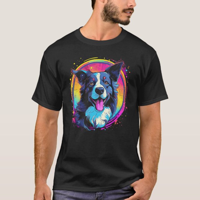 Border Collie Dog Australian Shepherd 80s Retrowav T-Shirt (Front)