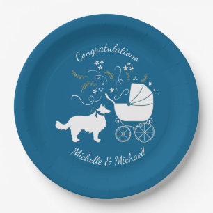 Border Collie Dog Baby Shower Puppy Blue Boy Paper Plate