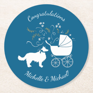 Border Collie Dog Baby Shower Puppy Blue Boy Round Paper Coaster