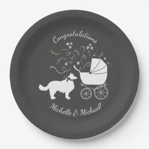 Border Collie Dog Baby Shower Puppy Grey Paper Plate