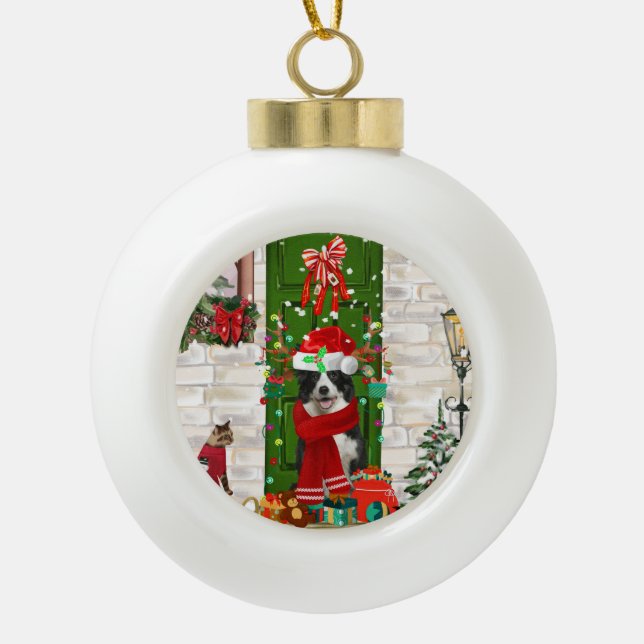 Border Collie Dog Christmas    Ceramic Ball Christmas Ornament (Front)