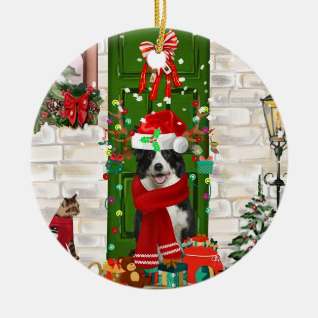 Border Collie Dog Christmas   Ceramic Ornament (Front)
