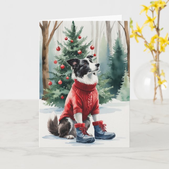 Border Collie Dog Christmas Greeting Card (Yellow Flower)