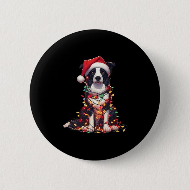 Border Collie Dog Christmas Lights Santa Hat Dog L 2 Inch Round Button (Front)