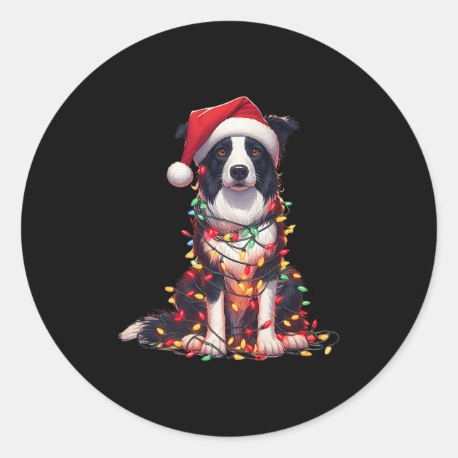 Border Collie Dog Christmas Lights Santa Hat Dog L Classic Round Sticker (Front)