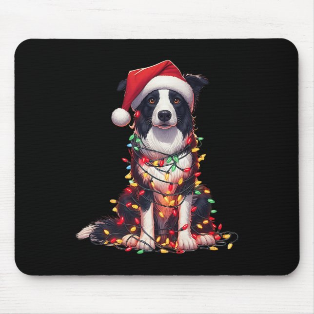 Border Collie Dog Christmas Lights Santa Hat Dog L Mouse Pad (Front)