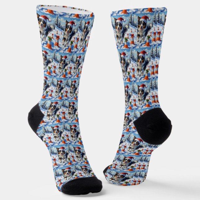 Border Collie Dog Christmas Snow Agility Fun Socks (Angled)