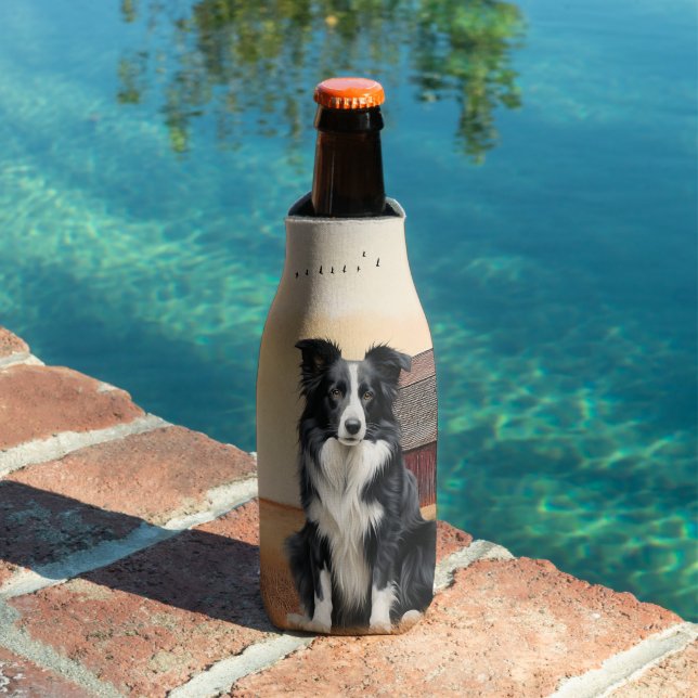 Border Collie Dog Country Western Red Barn Bottle Cooler (In Situ Pool)
