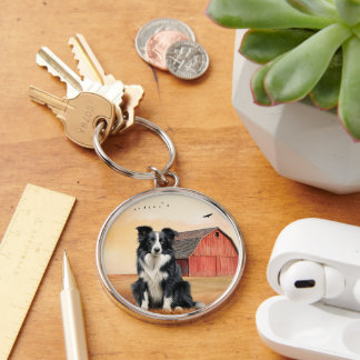 Border Collie Dog Country Western Red Barn Keychain