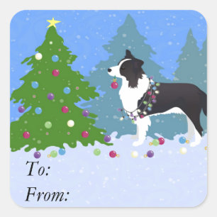 Border Collie Dog Decorating Christmas Tree Square Sticker