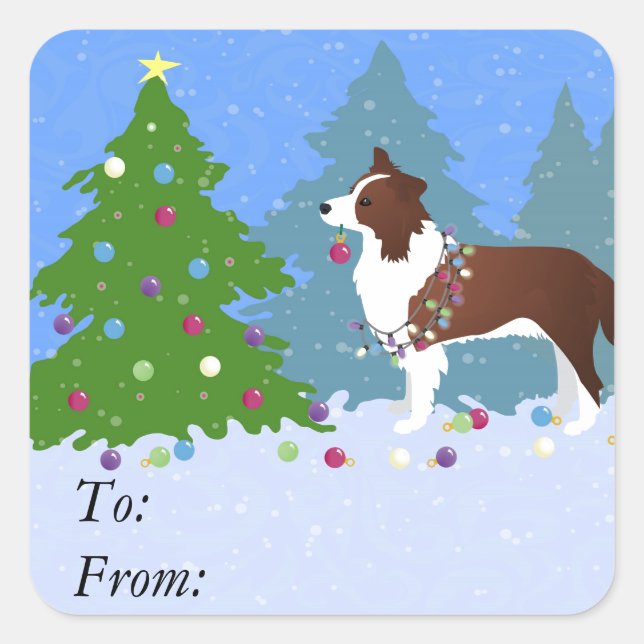Border Collie Dog Decorating Christmas Tree Square Sticker (Front)