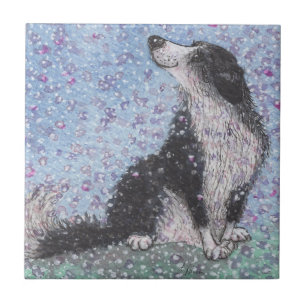 Border Collie Dog, Dreaming of Blossom Time Tile