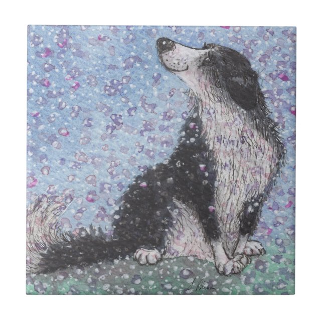 Border Collie Dog, Dreaming of Blossom Time Tile (Front)