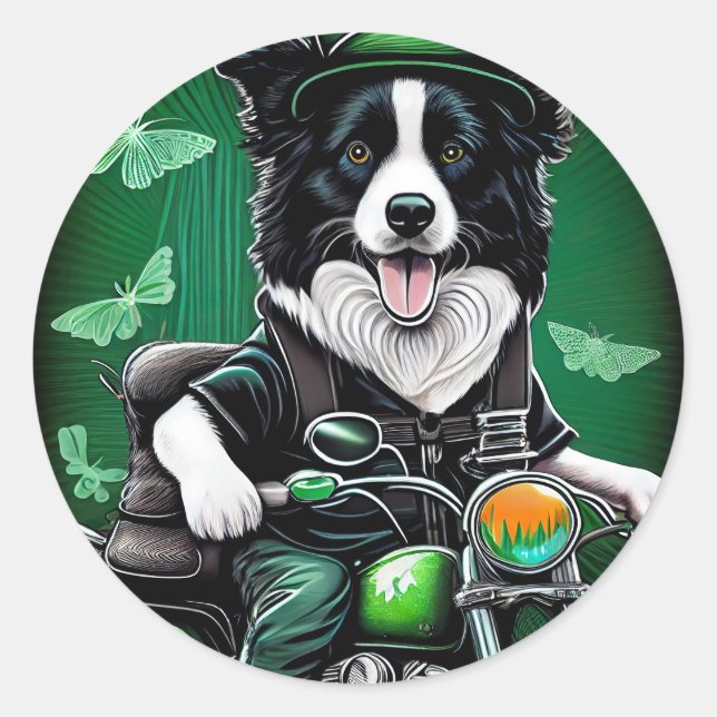 Border Collie Dog Driving Bike St. Patrick's Day Classic Round Sticker (Front)