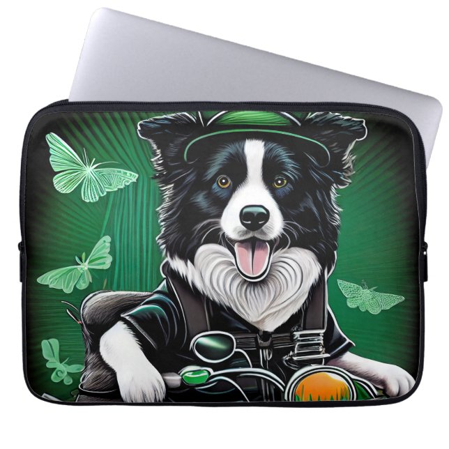 Border Collie Dog Driving Bike St. Patrick's Day Laptop Sleeve (Front)