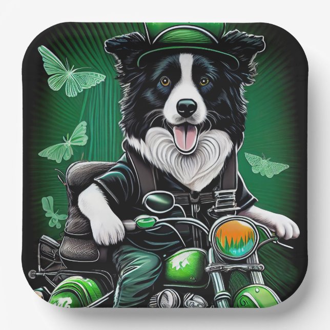 Border Collie Dog Driving Bike St. Patrick's Day Paper Plate (Front)