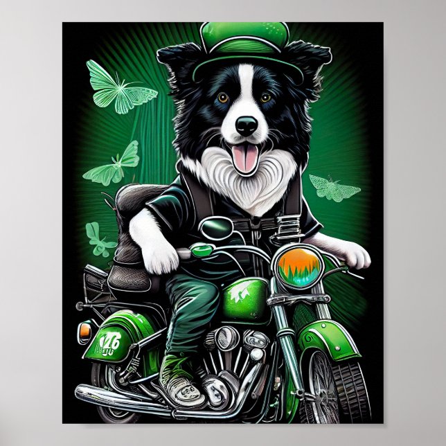Border Collie Dog Driving Bike St. Patrick's Day Poster (Front)