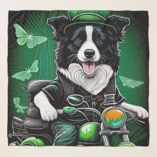 Border Collie Dog Driving Bike St. Patrick's Day Scarf