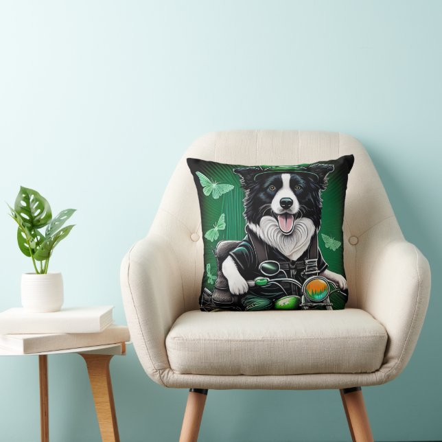 Border Collie Dog Driving Bike St. Patrick's Day Throw Pillow (Chair)