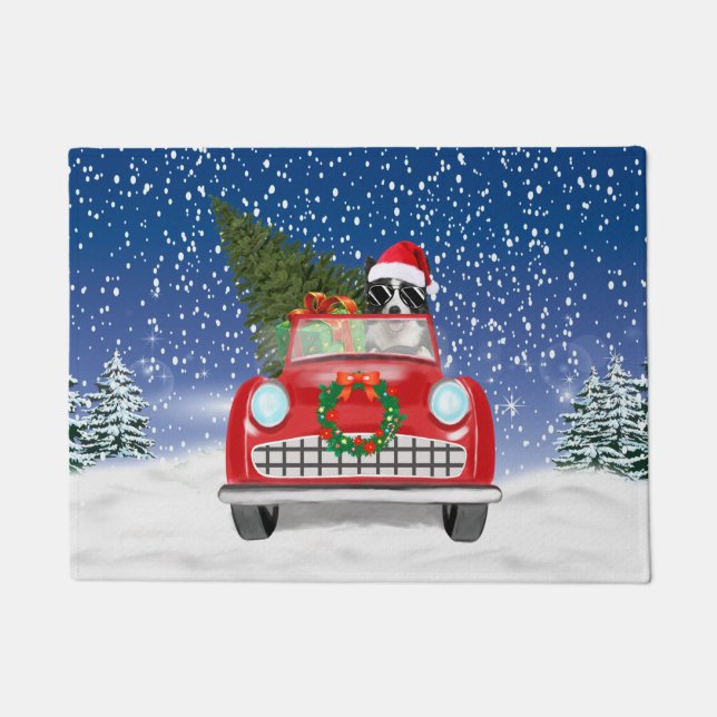 Border Collie  Dog Driving Car In Snow Christmas  Doormat (Front)