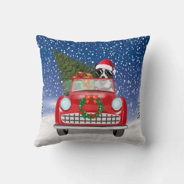 Border Collie  Dog Driving Car In Snow Christmas Throw Pillow (Back)
