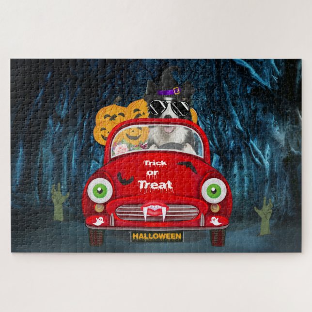 Border Collie Dog Driving Car Scary Halloween  Jigsaw Puzzle (Horizontal)
