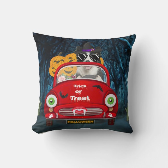 Border Collie Dog Driving Car Scary Halloween Throw Pillow (Front)